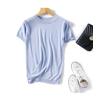 Short sleeve solid color round neck knitted female T-shirt for women summer sweater
