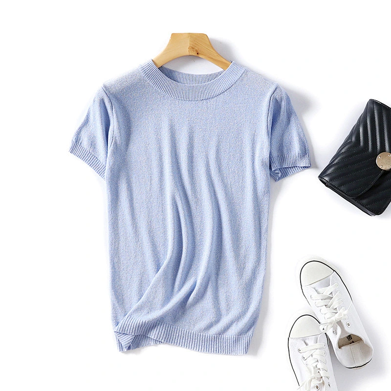 Short sleeve solid color round neck knitted female T-shirt for women summer sweater