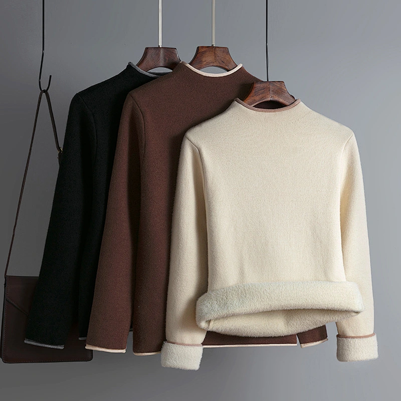 Winter new women's Korean sweater pullover knit sweater fluffy knitted crew neck solid color velvet thick basic sweater