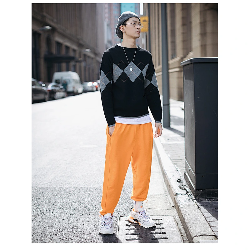 Men sweater custom logo knit long sleeve diamond pattern jumper knitted casual pullover men sweaters