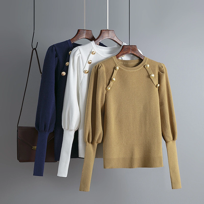 Solid color retro outfit Ruched sleeve round neck women knitted button sweater tops  blouses knitted basic sweaters
