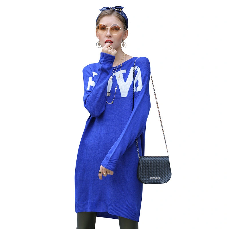 Round neck apparel pullover loose sweater letters jacquard long knitted dress
