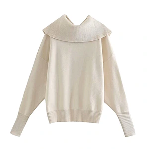 Ribbed Trim Loose Knitted Zip-up casual zipper sweater women High Collar turtle neck oversized sweaters