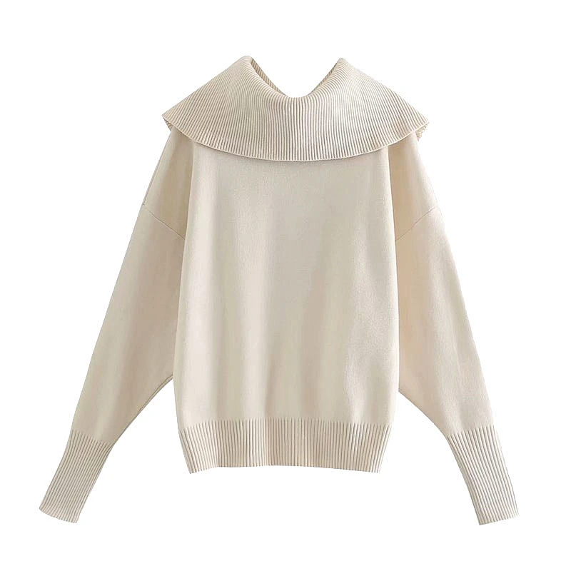 Ribbed Trim Loose Knitted Zip-up casual zipper sweater women High Collar turtle neck oversized sweaters