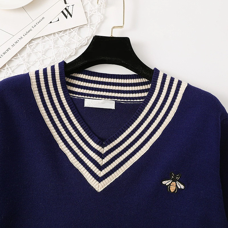 V-neck embroidery pullover long sleeve loose newprep fashion oversized sweaters