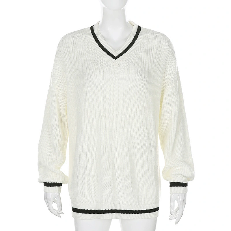 Whosale fashion clothing for ladies custom  long knit pullover sweaters long sleeve  korean white sweater