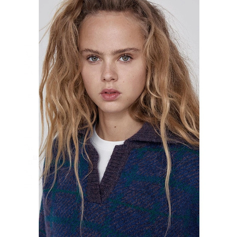 Fashion With Ribbed Trim Check Cropped sweater hoodies for women Pullovers Chic Tops jaquard  knit oversized sweater
