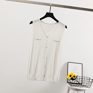 Summer thin V-neck knitted vest sweater women's t-shirt with beaded buttons