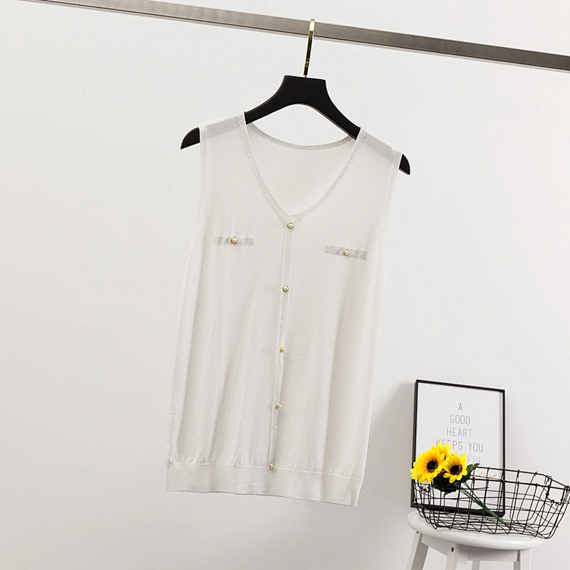 Summer thin V-neck knitted vest sweater women's t-shirt with beaded buttons