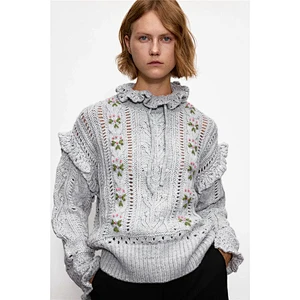 Fashion Embroidery Ruffled Loose custom pullover sweater knit women spring trendy sweater