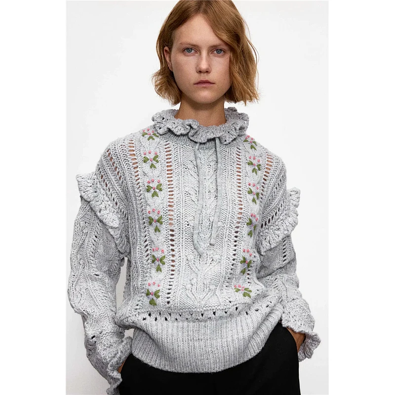Fashion Embroidery Ruffled Loose custom pullover sweater knit women spring trendy sweater