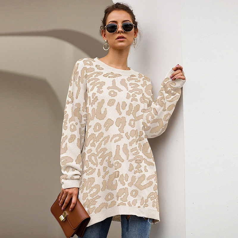 New arrival Leopard round neck pullovers winter fashion Casual Print Knit Long Sleeve clothes women sweater