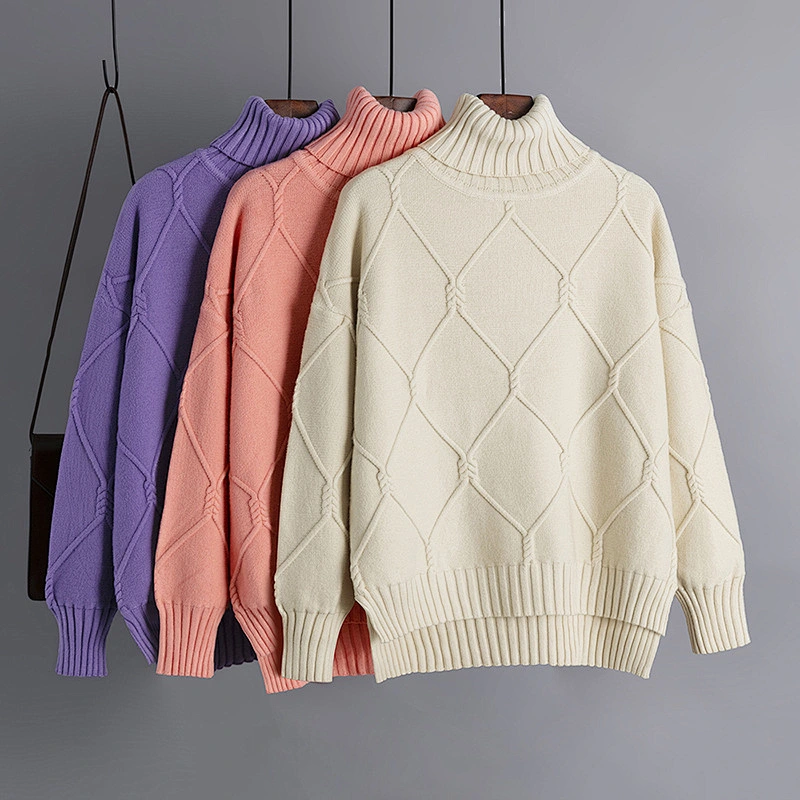High neck fashion new turtleneck warm sweater loose pullover plus size knit sweater for women