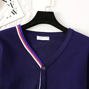 Striped woven wide loose knit 14GG cardigan blouse jacket newprep v-neck sweaters