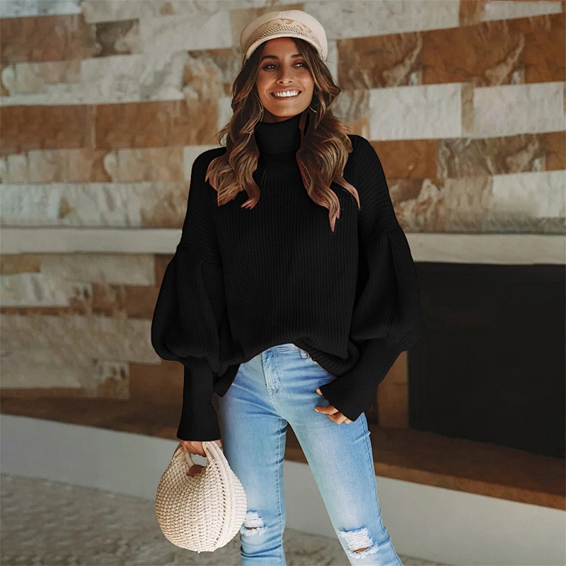Turtleneck pullover solid color ladies fahion leisure sweater