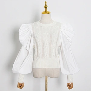 Autumn new style fashion retro puff sleeve tops round neck stitching knit sweater for women