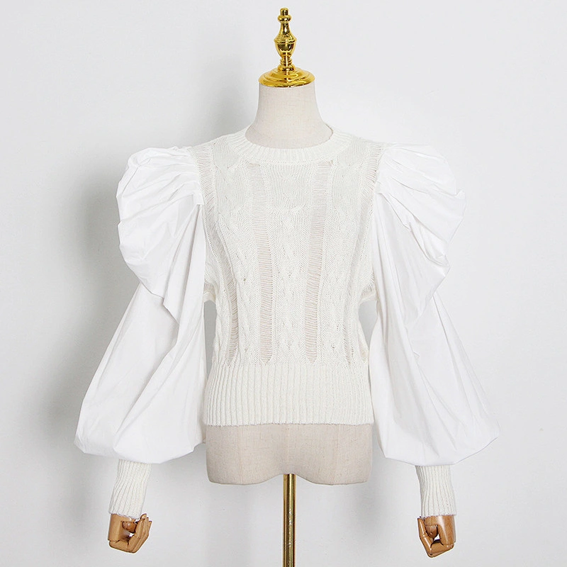 Autumn new style fashion retro puff sleeve tops round neck stitching knit sweater for women