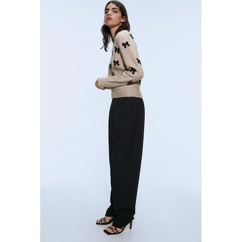Elegant Bow Tie custom jacquard designer sweaters woolen Vintage knit crop sweaters for women