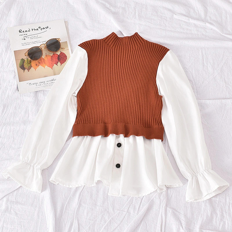 Niche knitting lotus leaf shirt sweater slim lantern long-sleeved new style women blouses