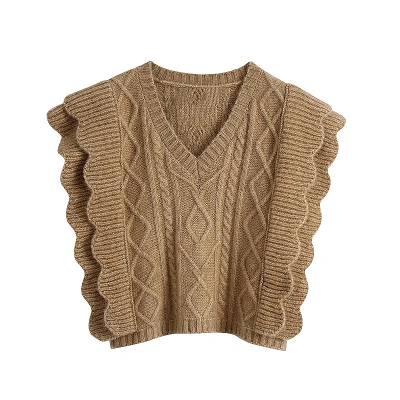 Ruffle Trims Armhole Cable custom plaid v neck argyle sweater vest women crop knitted oversize sweater vest