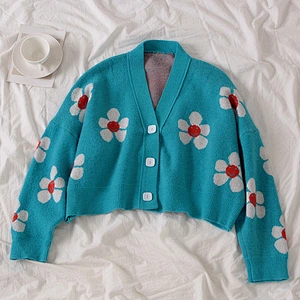 Flower Knit Cardigans Sweater Women V Neck Loose elegant Thickened Pull Print Short Casual Cardigan