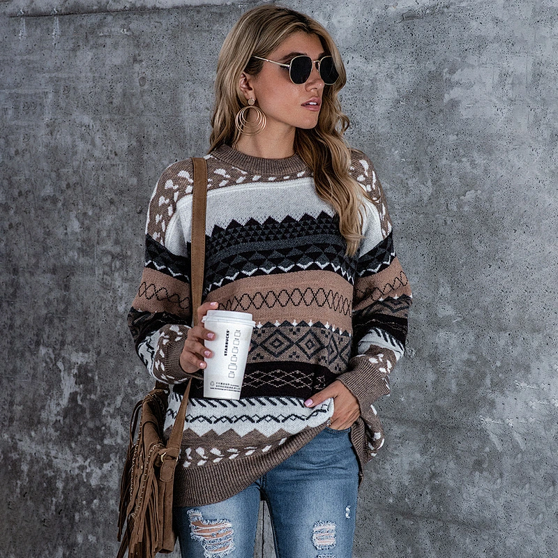 Diamond girl lazy loose pullover sweaters color blocking fall women casual knitwear