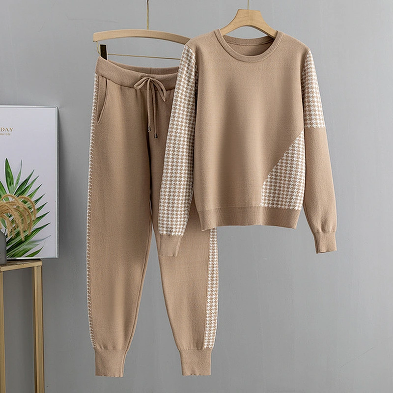Houndstooth Knit 2 Piece Set Tracksuits Pullover  Fall Winter Women oversized sweater set