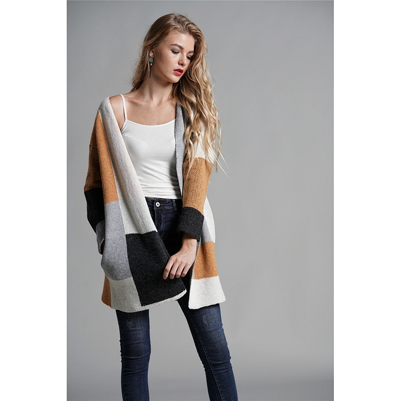 Fall clothing for women casual long cardigan sweater color blocking sweater coat womens jackets