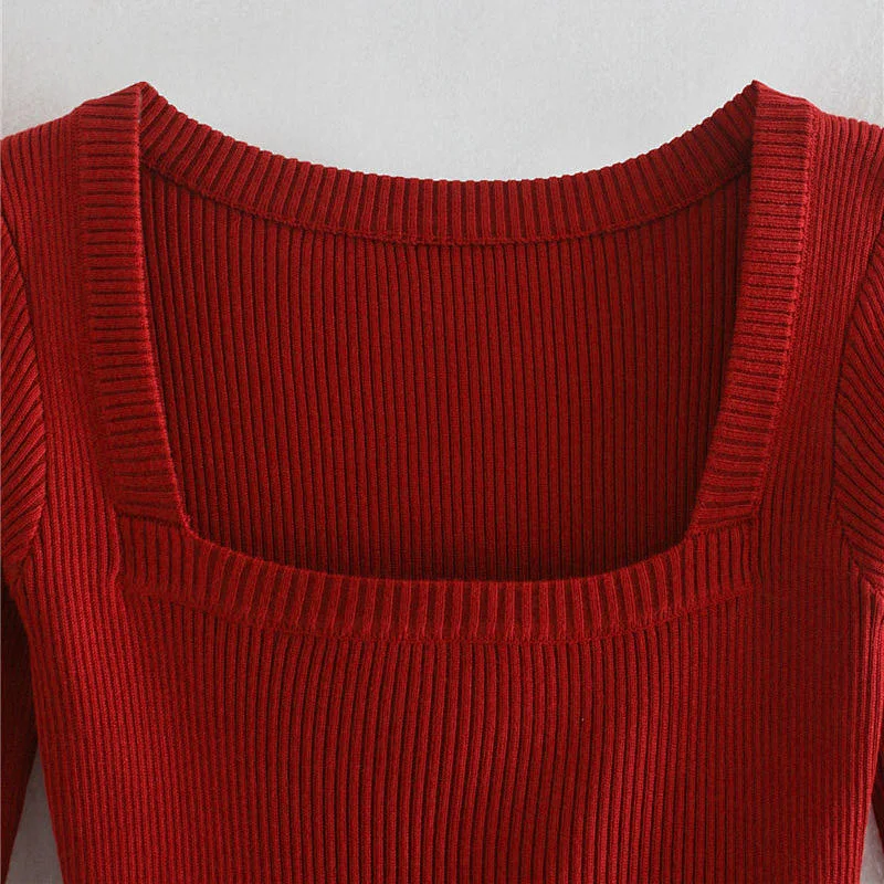 Stretch Slim Cropped sweater tops women party Vintage Square Collar sexy sweaters for women