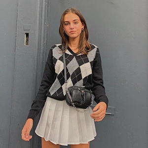 V-neck fashion girl blouse winter luxury long  plaid women knitwear sweater