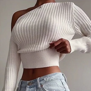 Fall clothing for women rib knit sexy sweater top pullovers off shoulder knitwear crop sweaters