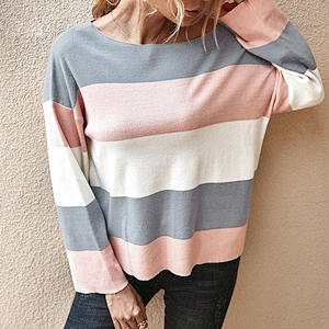 Fall clothing for women color block stripe loose top ladies apparel stock knit sweater