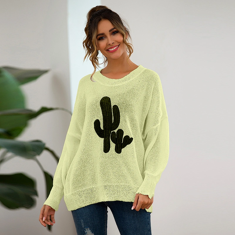 New style fashionable soild color round neck long sleeve pullovers cactus pattern casual clothes women sweater
