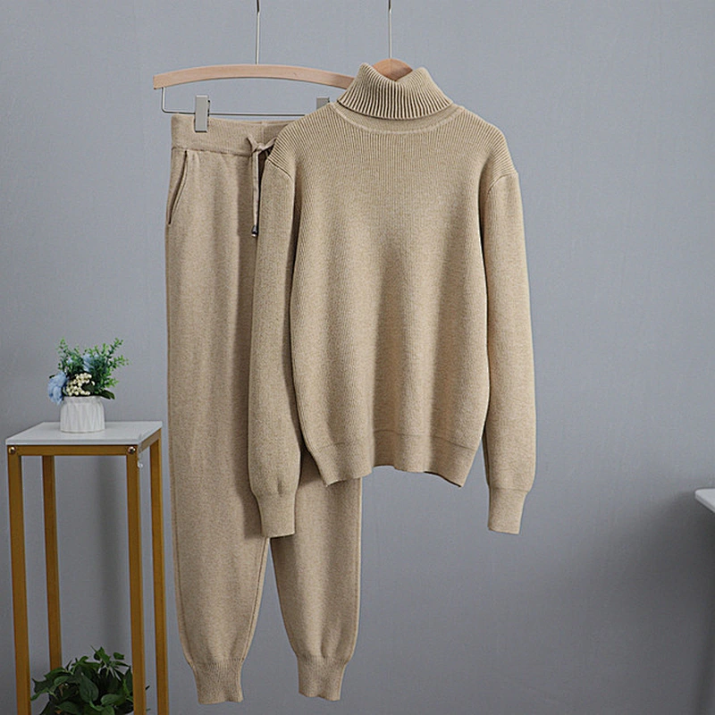 Winter Knit Sport sweater and jogger set Outfits Warm Turtleneck 2pc Women sweater sets