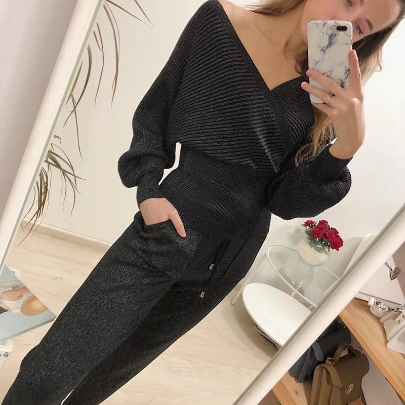 Bling off the shoulder 2 pc Sweater set Women V Neck Pullover  Autumn Winter Knitted Sweater Set