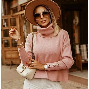 2020 Fshion female elegant pure color pullover sweater  blue boho turtleneck sewater with buttons women