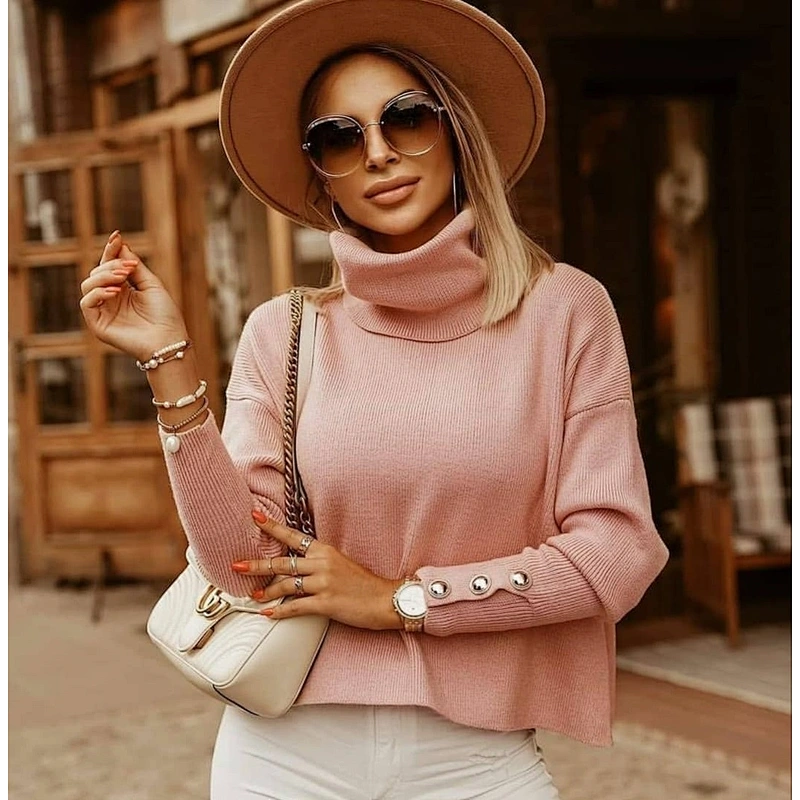 2020 Fshion female elegant pure color pullover sweater  blue boho turtleneck sewater with buttons women