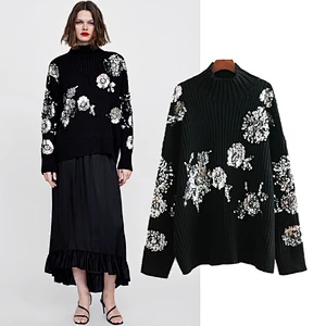 Women Beading Sequins Loose Knitted Sweaters Vintage High Collar Female Pullovers sweaters