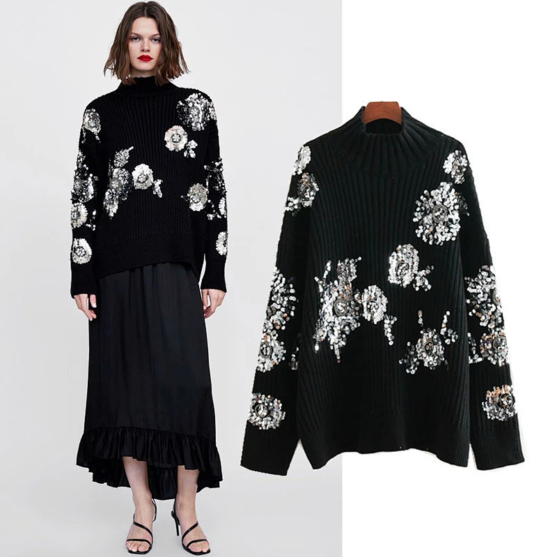 Women Beading Sequins Loose Knitted Sweaters Vintage High Collar Female Pullovers sweaters