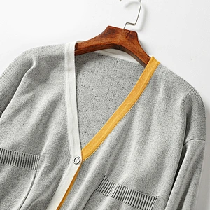 Winter contrast-coloured rib women knitting V-neck long-sleeved coatigan sweaters