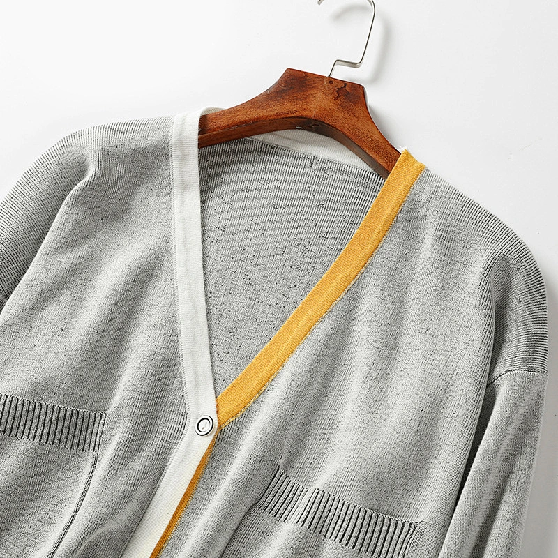 Winter contrast-coloured rib women knitting V-neck long-sleeved coatigan sweaters
