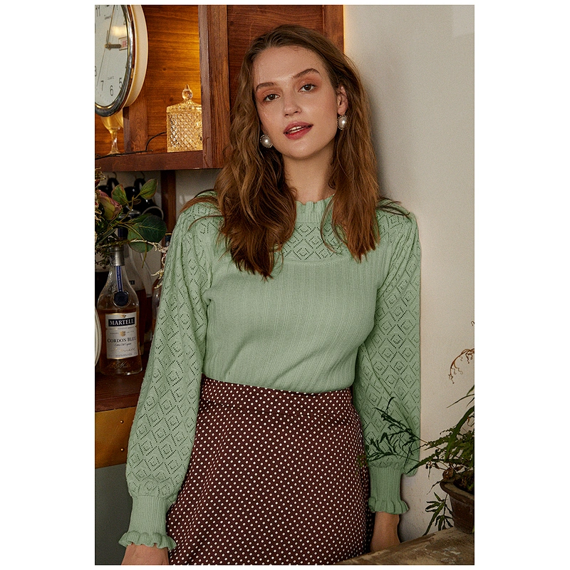 Puff sleeve spring knitwear pullover ruffles sweet girl fashion elegant sweater blouses for women