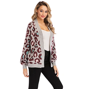 spring sweater grey leopard grain brown Diversified collocation of outer wear V-neck cardigans Sweater