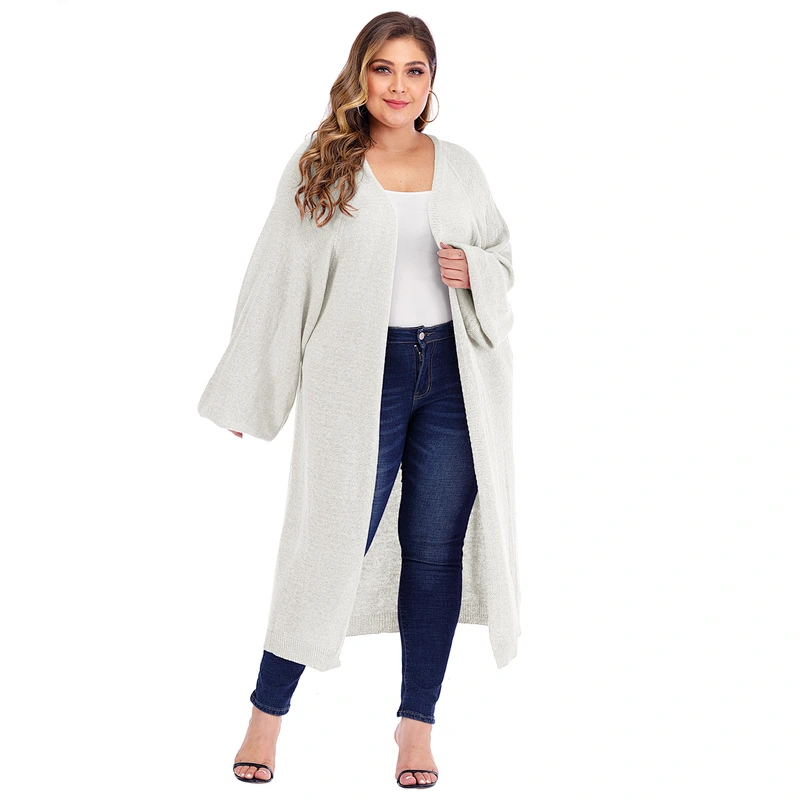 Plus size women loose pocket lantern sleeve long woven cardigan sweaters