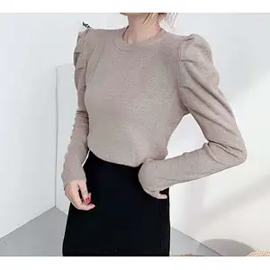 Knitted basic shirt sweater women puff sleeve long-sleeved solid color women knit top sweaters