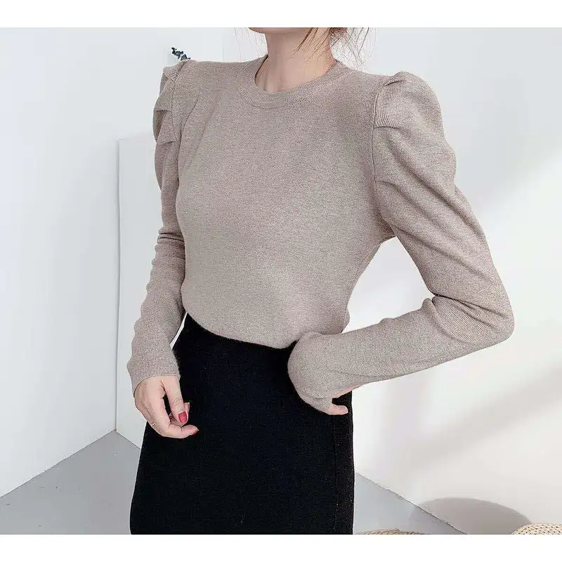 Knitted basic shirt sweater women puff sleeve long-sleeved solid color women knit top sweaters