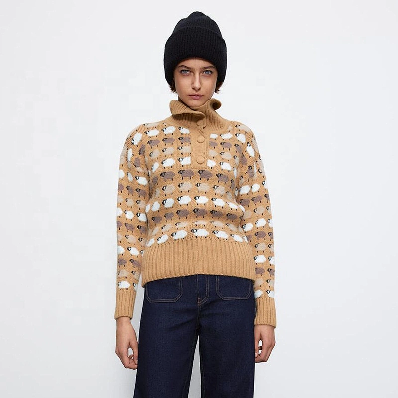 High Neck pullover hoodies womens with Buttons Loose Jacquard  trendy women sweaters