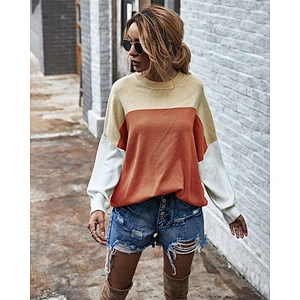 Fashion crew neck sweater color block batwing sleeve jumper loose top women knit sweater
