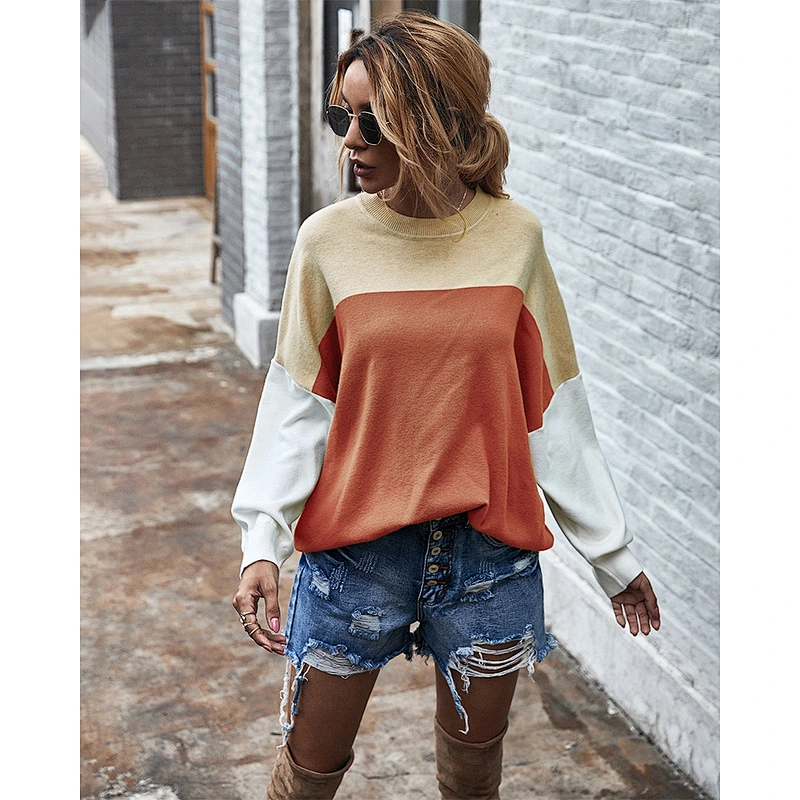 Fashion crew neck sweater color block batwing sleeve jumper loose top women knit sweater