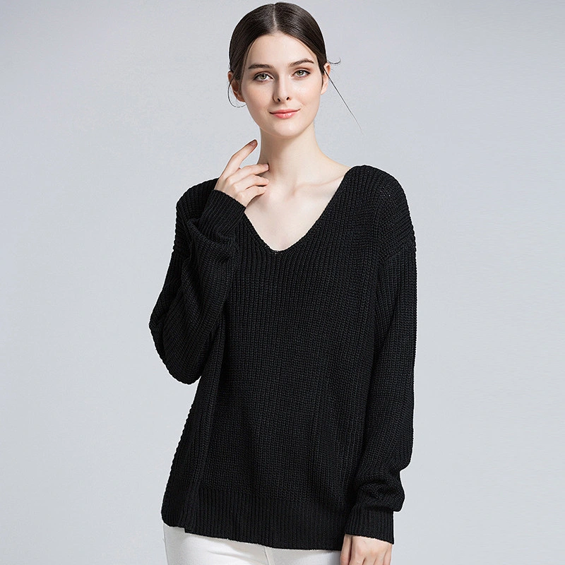 Women's V-neck pullover clothes leaky back knitwear fashion sweater